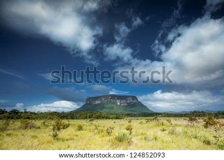 Savanna, green forest, Mountain Tepui and clouds over La Gran Sabana, Venezuela