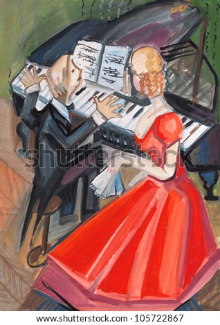 woman in red dress and pianist on music lesson
