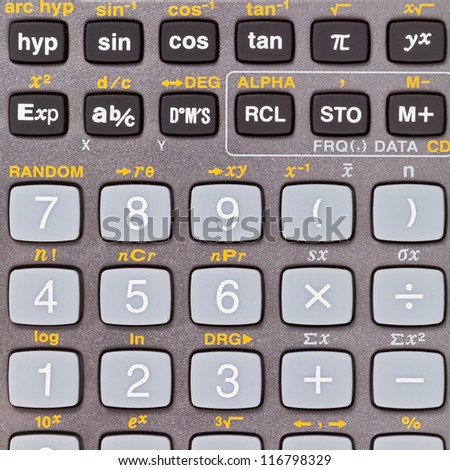 keys of scientific calculator with mathematical functions close up