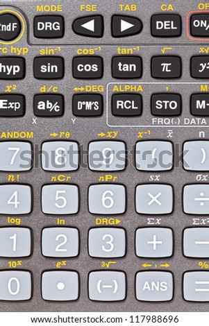 buttons of scientific calculator with mathematical functions close up