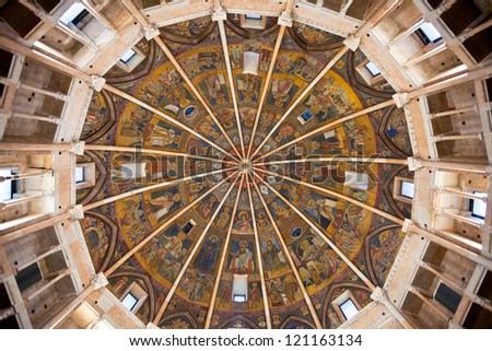 PARMA, ITALY - NOVEMBER 3: the midle of painted ceiling of The Baptistery. All painted scene are 13th and 14th century frescoes and paintings, in Parma, Italy on November 3, 2012