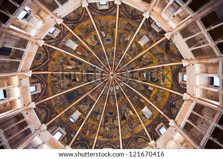 PARMA, ITALY - NOVEMBER 3: the middle of painted ceiling of The Baptistery. All painted scene are 13th and 14th century frescoes and paintings, in Parma, Italy on November 3, 2012