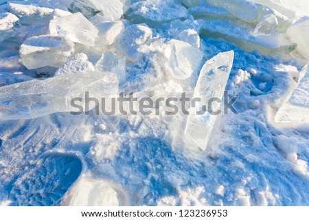 block of clear river ice in cold winter day under sunbeams in Moscow, Russia