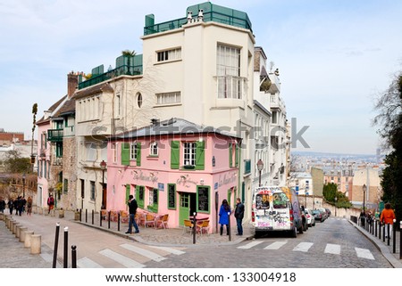 PARIS, FRANCE - MARCH 5: Historical bistro on Montmartre - La Maison Rose - Pink House. Maurice Utrillo painted it around 1912, in Paris, France on March 5, 2013