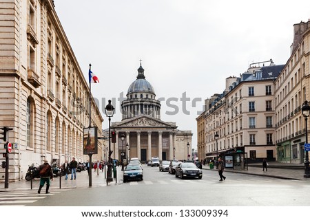 PARIS, FRANCE - MARCH 8: view of Pantheon through Rue Soufflot. Soufflot street was called Rue du Pantheon in the French Revolution , and was renamed in 1807 Soufflot in Paris, France on March 8, 2013