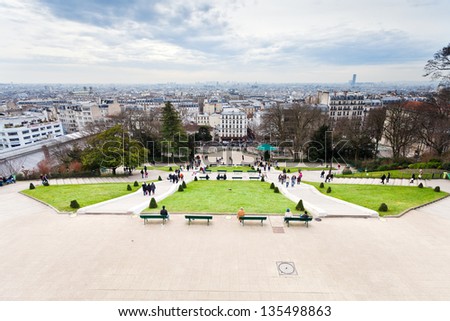 PARIS, FRANCE - MARCH 5: view on Paris from Montmartre Hill in early spring. Montmartre is 130 metres high and gives its name to the surrounding district in Paris, France on March 5, 2013