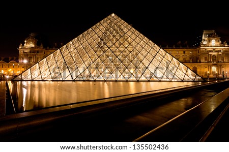 PARIS, FRANCE - MARCH 8: Pyramid of Louvre Museum at night. in 1983 architect I. M. Pei was proposed a glass pyramid to stand over a new entrance in the main court, in Paris on March 8, 2013