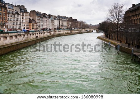 Seine river in Paris in spring overcast day