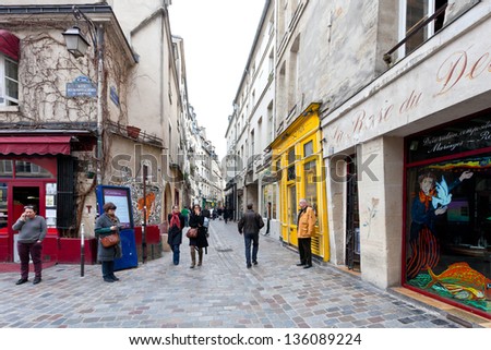 PARIS, FRANCE - MARCH 6: Jewish quarter of Le Marais. The rue des Rosiers is a major centre of the Paris Jewish community in Paris, France on March 6, 2013