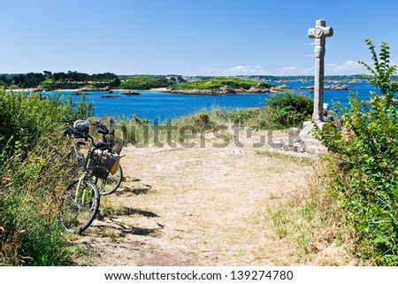tourist bicycles on island Ile de Brehat in Brittany, France
