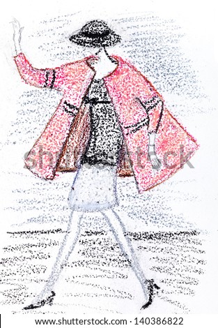 fashion of 20th Century - girl in a short pink coat and black hat from 60th years