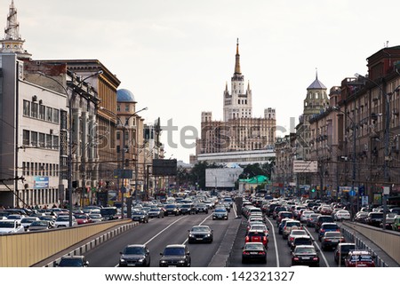 MOSCOW, RUSSIA - JUNE 6: Big Garden street in Moscow, Russia on June 6,2013. Circular avenue Garden Ring goes around central Moscow along old rampart surrounded ancient Zemlyanoy Gorod in 17th century