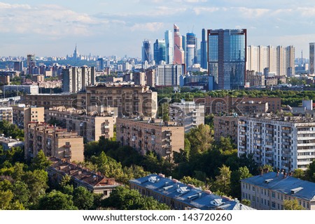 MOSCOW, RUSSIA - JUNE 20: panorama with of Moscow City in Russia on June 20, 2013. The Moscow City is new commercial district in central Moscow, located near the Third Ring Road in Presnensky District
