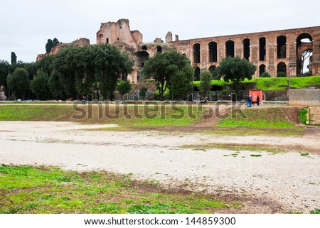 ROME, ITALY - DECEMBER 12: view of ancient Palatine and ground of Circus Maximus on Palatine Hill in Rome, Italy on December 12, 2010. Circo Massimo is an ancient Roman chariot racing stadium