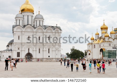 MOSCOW, RUSSIA - JULY 12: Cathedral Square of Moscow Kremlin in Russia on July 12, 2013. Square has developed in XIV century with construction of first cathedrals in architectural center of Kremlin