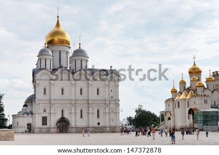 MOSCOW, RUSSIA - JULY 12: Cathedral Square of Moscow Kremlin in Russia on July 12, 2013. Square has developed in XIV century with construction of first cathedrals in architectural center of Kremlin