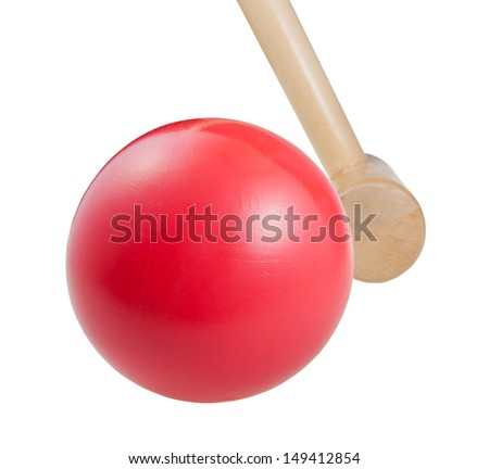 croquet red ball and wooden mallet close up isolated on white background