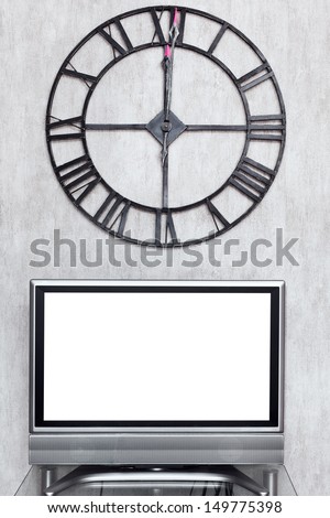twelve o clock on wall clock under blank white screen of TV set