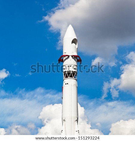 MOSCOW, RUSSIA - AUGUST 18: Model of rocket Vostok at All-russia Exhibition Center in Moscow, Russia on August 18, 2013. Model of rocket Vostok was installed at Exhibition Centre September 20, 1969
