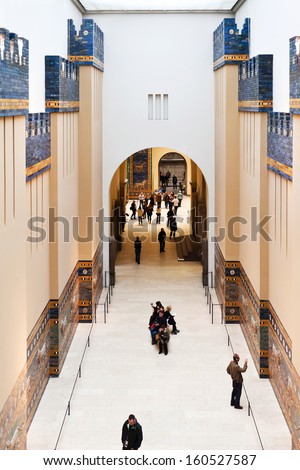 BERLIN, GERMANY - OCTOBER 16: people in Ishtar Processional Way Hall of Pergamon museum in Berlin on October 16, 2013. Museum the most visited in Berlin it hosts more than 1.5million visitors per year