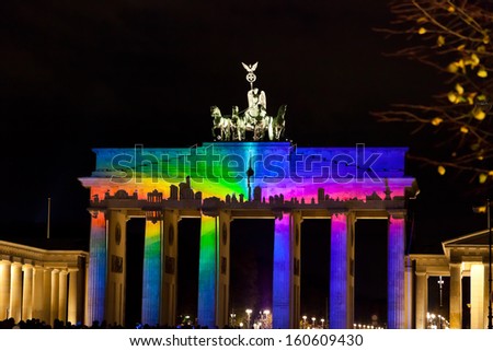 BERLIN, GERMANY - OCTOBER 17: Festival of lights and Brandenburg gate in Berlin, Germany on October 17, 2013. FESTIVAL OF LIGHTS is one of the large illumination festivals in the world since 2005