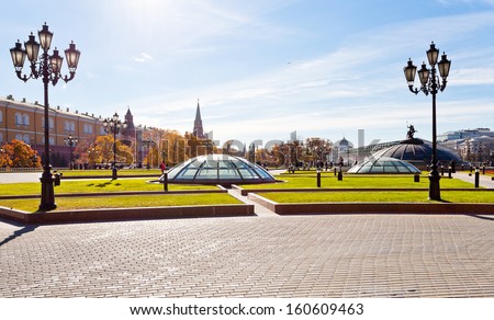 MOSCOW, RUSSIA - OCTOBER 13: panorama of Manezhnaya Square in Moscow on October 13, 2013. Manege Square large pedestrian area in center of Moscow bound the Historical Museum, Alexander Garden, Manege
