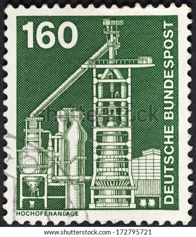FEDERAL REPUBLIC OF GERMANY - CIRCA 1975: A postage stamp printed in the Germany shows industrial blast furnace plant, circa 1975