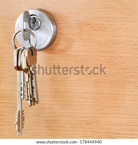 Bunch Of House Keys In Cylinder Lock Of Wooden Door