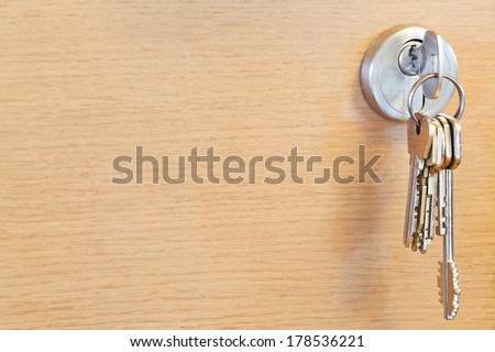 bunch of home keys in cylinder lock of wooden door