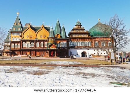facade of Great Wooden Palace of russian Tsar Aleksey Mikhailovich Romanov in Kolomenskoe, Moscow