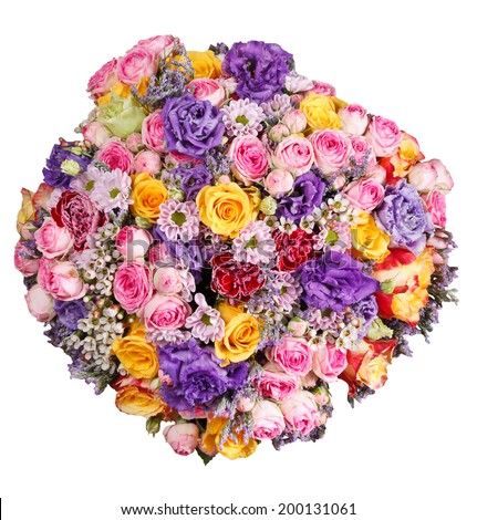 top view of bouquet of flowers from roses and chrysanthemums isolated on white background