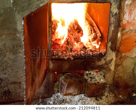 hot fire in furnace with open door close up
