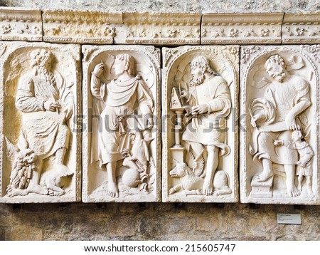 MONT SAINT-MICHEL, FRANCE - AUGUST 9, 2014: reliefs in Church-abbey of Mont Saint Michel. The abbey has been protected as a French monument historique from 1862