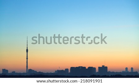 clear blue and yellow dawning sky over city, Moscow