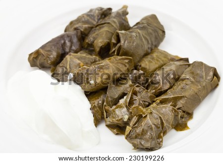 portion armenian meal - dolma from grape leaves and mince on white plate close up