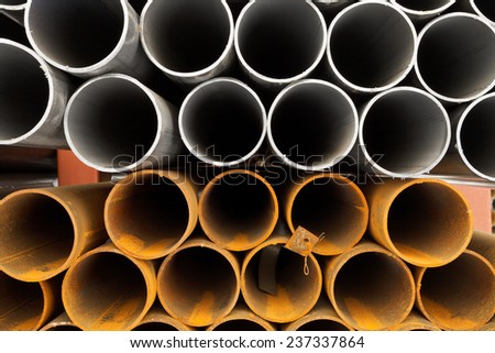 construction pipes close up on outdoor warehouse in winter
