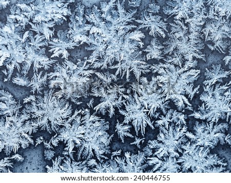 snowflakes and frost pattern on window pane in cold winter evening close up