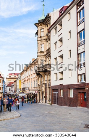 BRATISLAVA, SLOVAKIA - SEPTEMBER 22, 2015: Tourists on Panska street in old Town Bratislava city. Panska Ulica is second main street of the old town, there were residences of the city magnates