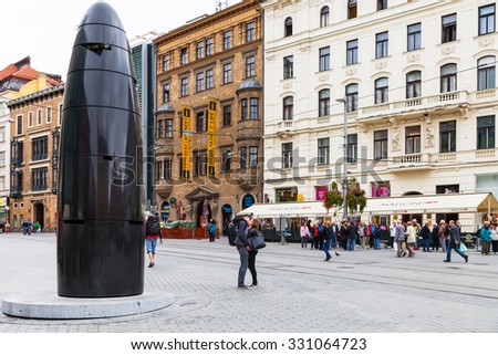 BRNO, CZECH - SEPTEMBER 25, 2015: people on Freedom square (namesti Svobody) in Brno city. Freedom square is the main, biggest and probably the oldest square in Brno.