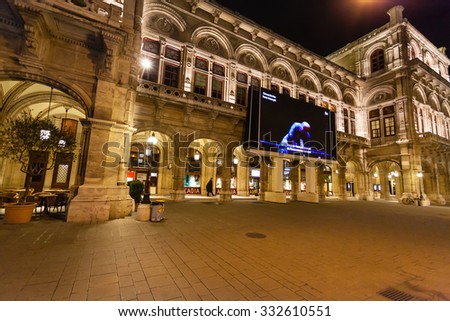 VIENNA, AUSTRIA - SEPTEMBER 30, 2015: live broadcast of a performance on the screen on the wall of State Opera. Wiener Staatsoper produces 50-70 operas and ballets in about 300 performance per year