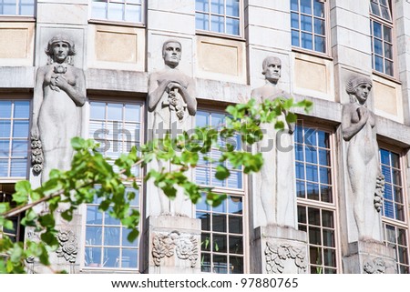 sculpture of Kalevala heroes on wall of Old Student House, Helsinki