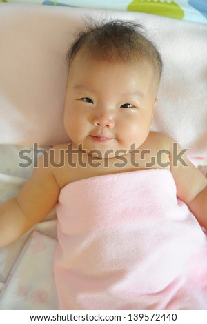 cute baby girl taking a relaxing bath with cute smile face at home, asian child