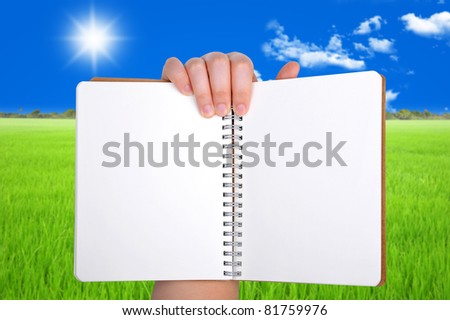woman Hand holding opened book at blank page