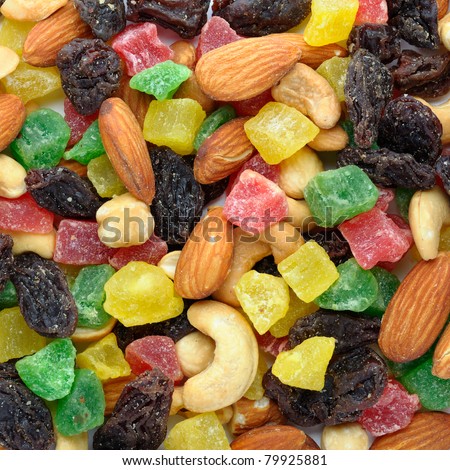 Toasted nuts and candied fruit background
