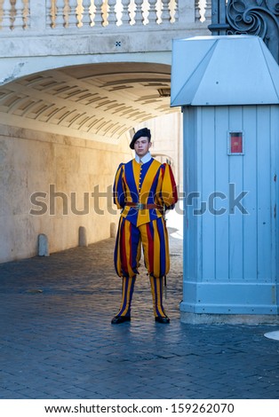 Rome - SEP 20: Pontifical Swiss Guard, September 20, 2013 in Rome, Italy. It is a military body charged with the safety of Vatican City.  It is the smallest army in the world, with about 110 soldiers.