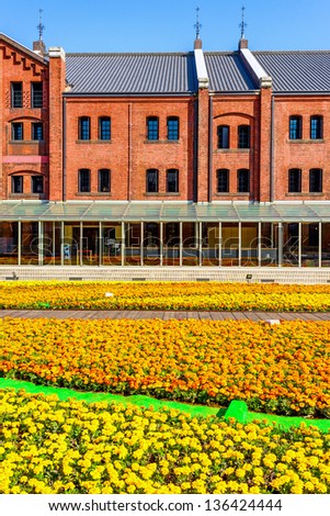 The flower garden of historical brick warehouse at Yokohama Red Brick Park in Kanagawa, Japan.