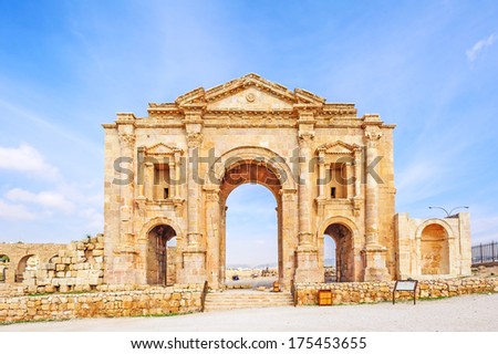 The Arch of Hadrian in Jerash, Jordan is an 11-metre high triple-arched gateway erected to honor the visit of Roman Emperor Hadrian to the city in the winter of 129-130.