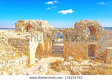 Ruins of Shawbak castle of a Crusader in Jordanian desert, Shawbak, Jordan.
