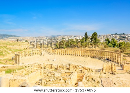 Scenic view of Ruins Gerasa and modern Jerash city in Jerash, Jordan.