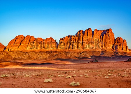 The Mountain of Wadi Rum in Jordan at morning. Wadi Rum is known as The Valley of the Moon and has led to its designation as a UNESCO World Heritage Site.
